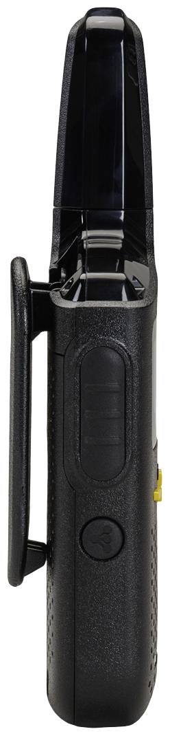 Side view of a black electronic device with a clip, possibly a communication or measuring instrument.