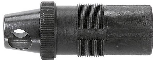 A black, cylindrical plastic component with grooves and a side hole, likely a connecting element or adapter.