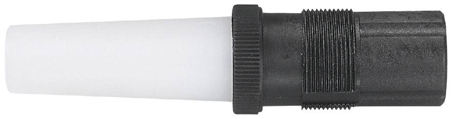 A black, cylindrical pipe connection with a corrugated end and a white, tapering section.