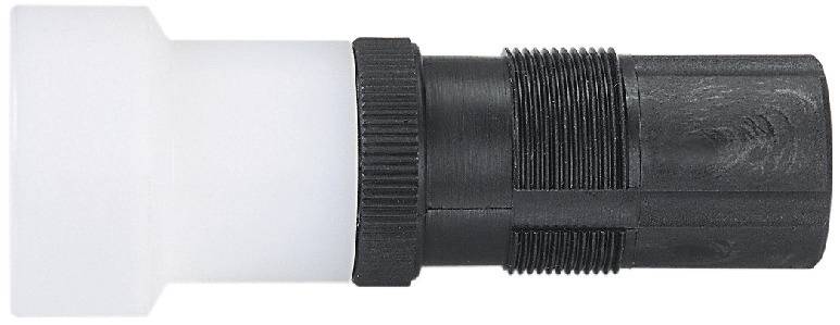 A black plastic component connected to a white, cylindrical section. It could be part of a piping system.