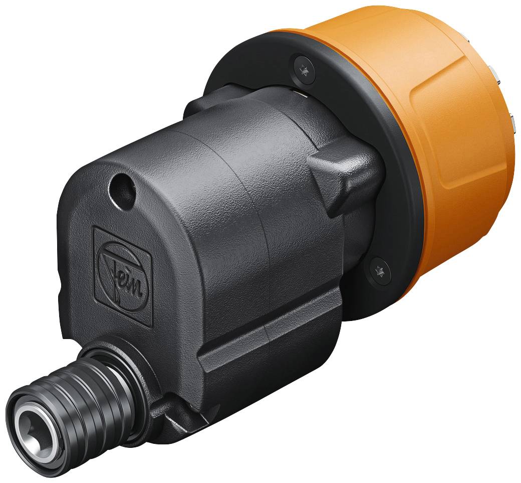 Electrical connection coupling with a black housing and orange cap, side view. Suitable for industrial applications.