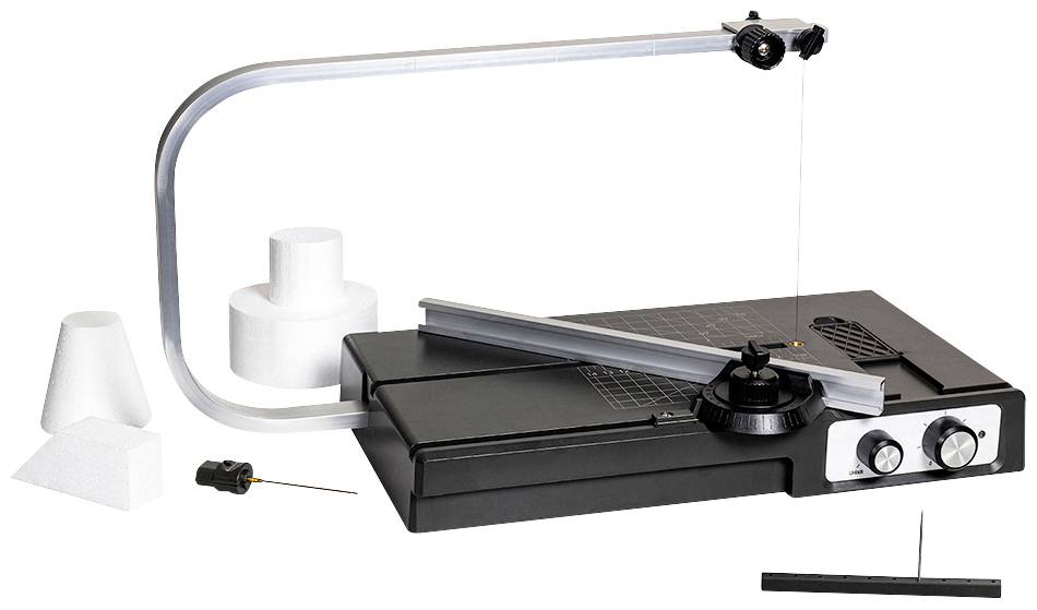 Electric polystyrene cutter with adjustable heating wire, suitable for precise cutting of foam blocks in various shapes.
