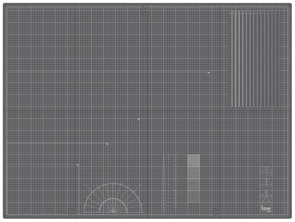 Grey cutting mat with grid lines, angle scale in the bottom left and square measurements on the right; used for precise cutting.