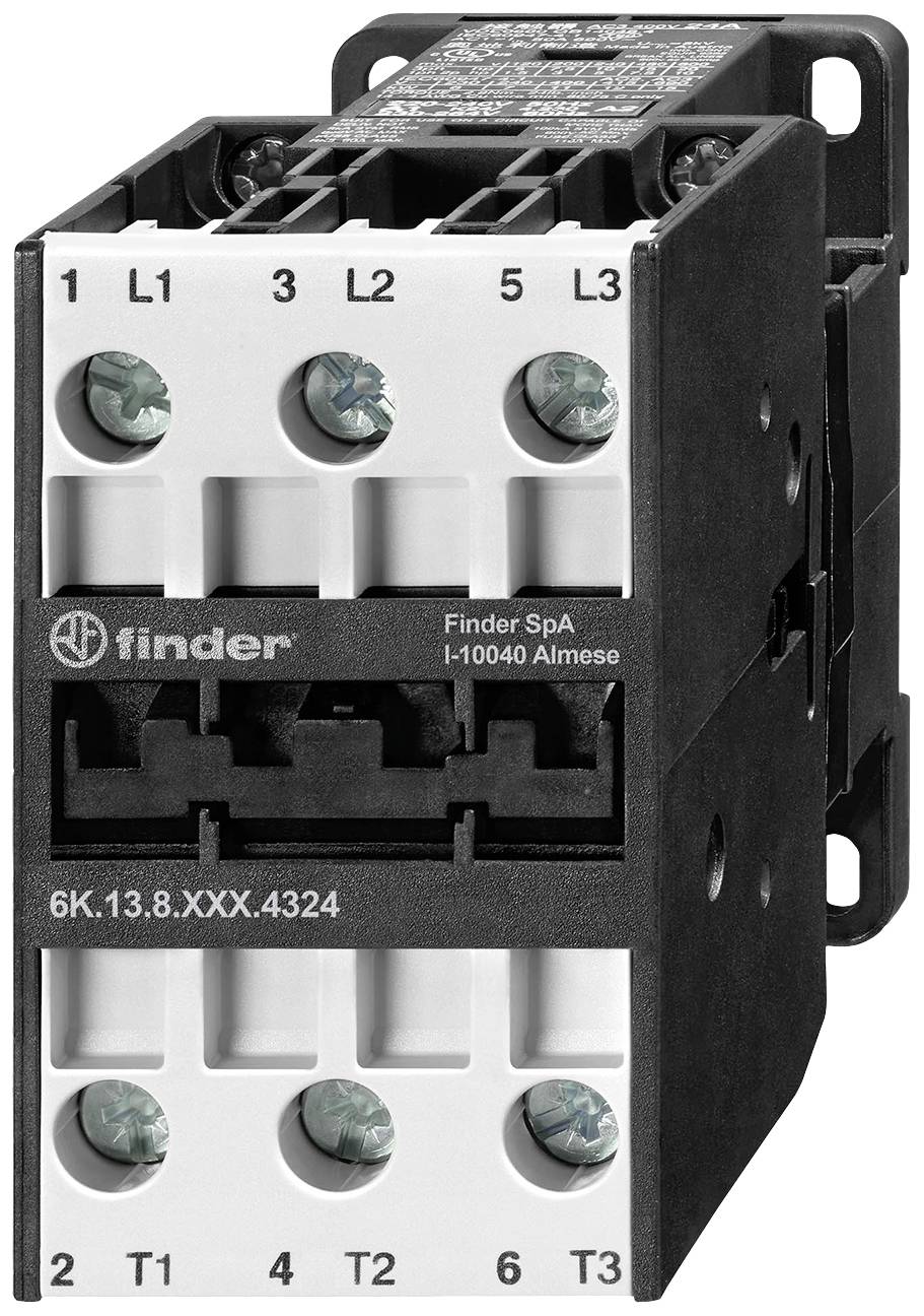Protective device, black housing with white markings for connections L1, L2, L3, T1, T2, T3; brand 'Finder'.