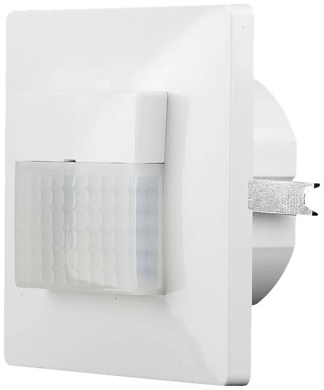 Motion sensor in wall mount, white plastic casing, side view, used for automatic light control when movement is detected.