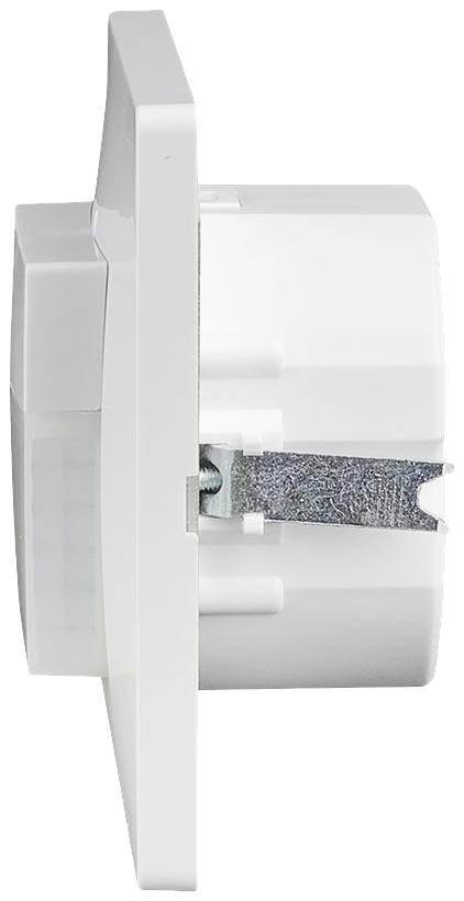 White, wall-mounted sensor device to the side. Rectangular shape with rounded edges, fixed to a metal bracket.