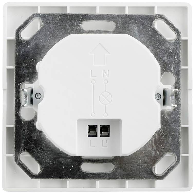 A white light switch flush-mounting frame with symbolic 'L N' labelling and a screwed metal mounting bracket.