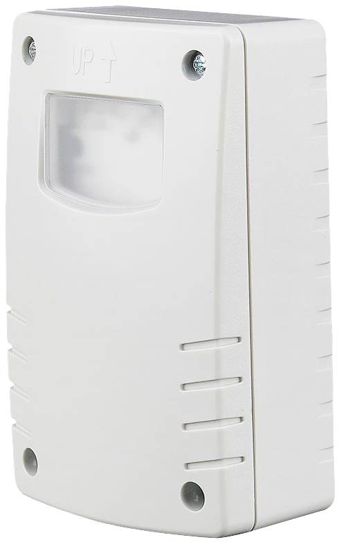 A white rectangular electronic enclosure with screws in the corners and a transparent cover on the front.