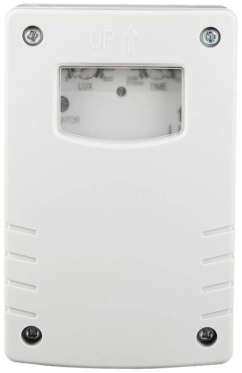 The image shows a white motion sensor with 'UP' written on it facing upwards. Four screws are visible, and a small window displays settings.