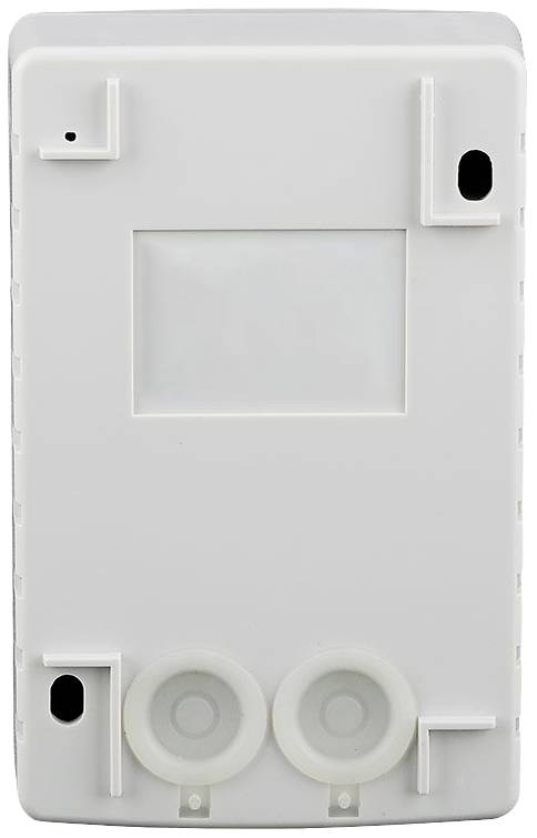 Back of a white plastic cover with two circular fixings and a rectangular cutout in the centre.