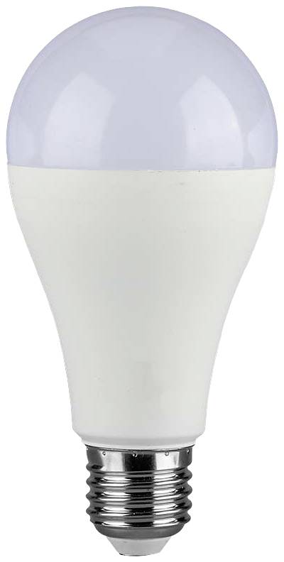 LED light bulb with E27 fitting, energy-saving model in white, suitable for standard household lamps.