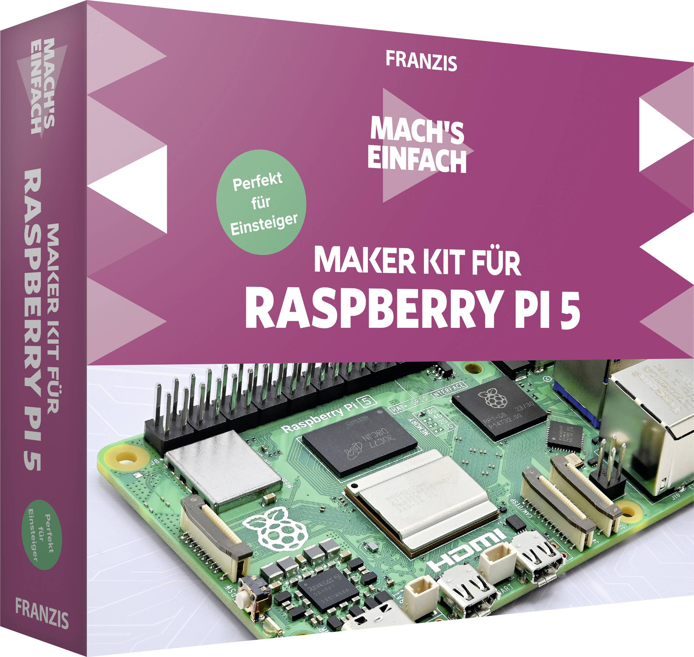 Packaging of a Maker Kit for Raspberry Pi 5, recommended for beginners, showing an image of the Raspberry Pi 5 board.