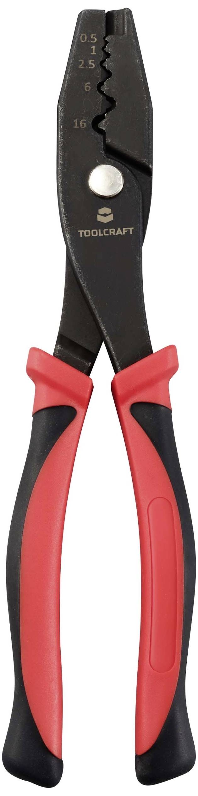 Pliers with black handles and a red grip, suitable for gripping and cutting, pictured frontally on a white background.