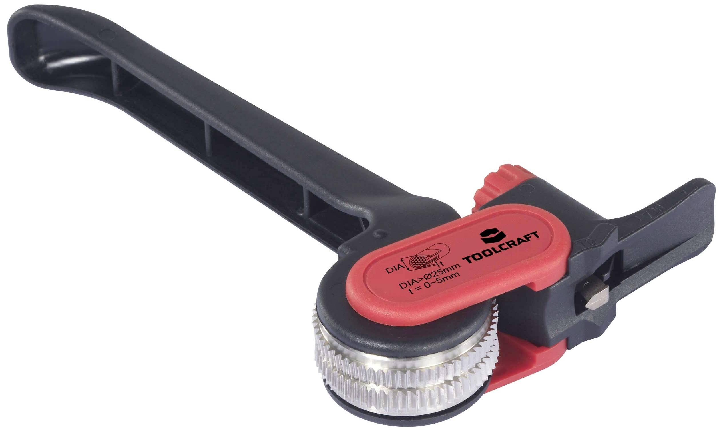 A cable tie tensioning tool with a black handle and red twisting mechanism. For securely tightening and cutting cable ties.