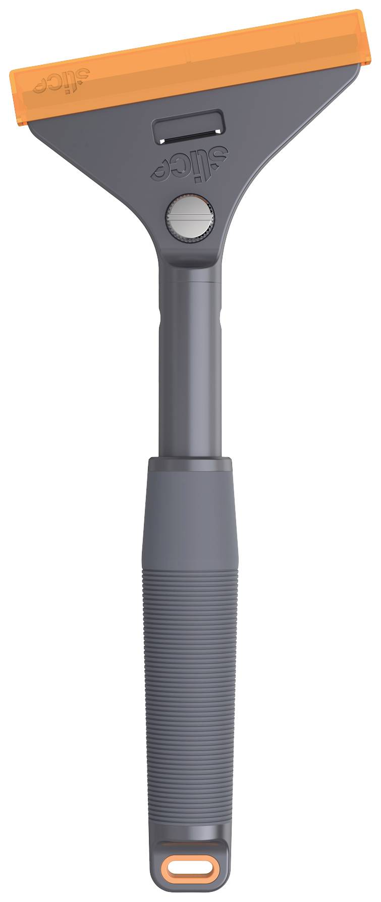 A grey window squeegee with an orange rubber strip and a ribbed handle. Ideal for removing water from glass surfaces.