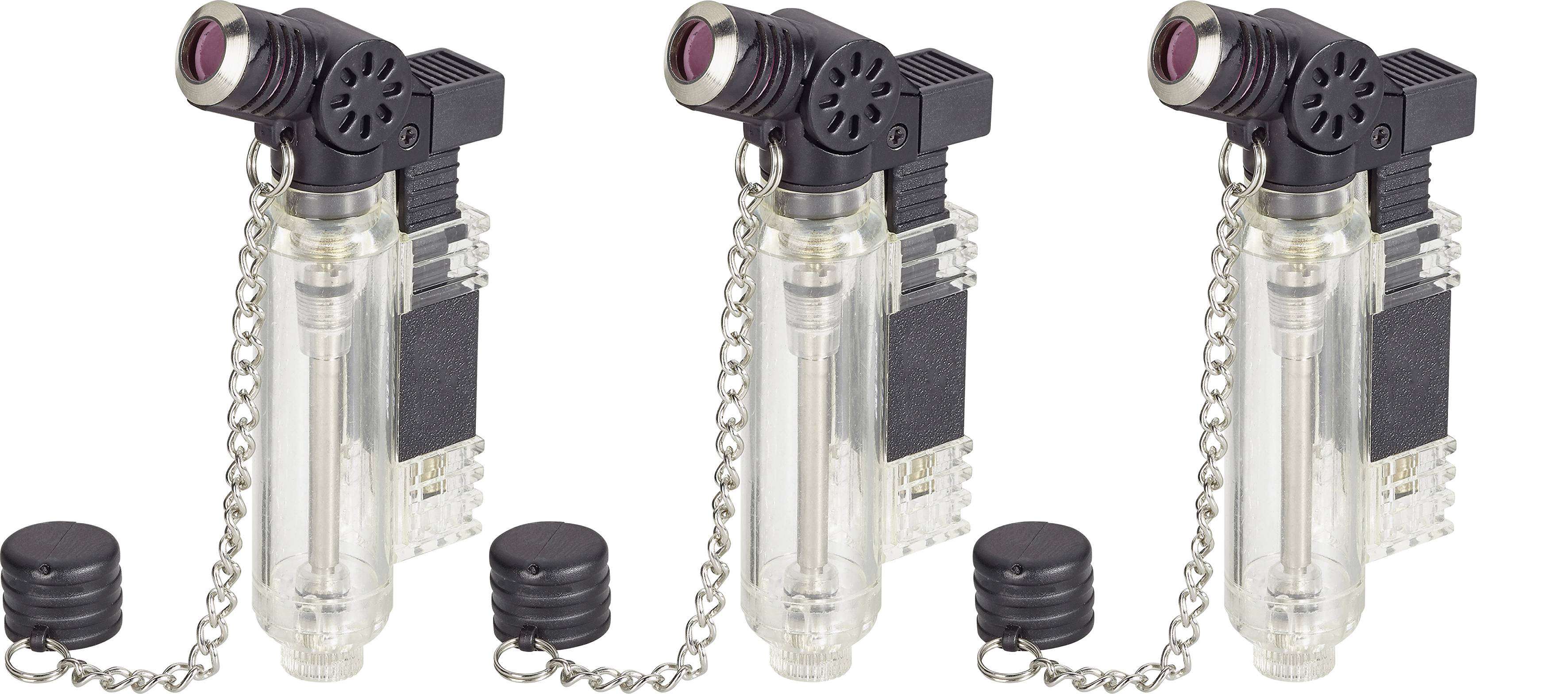 Three identical transparent lighters with black plastic lid and chain in a row.