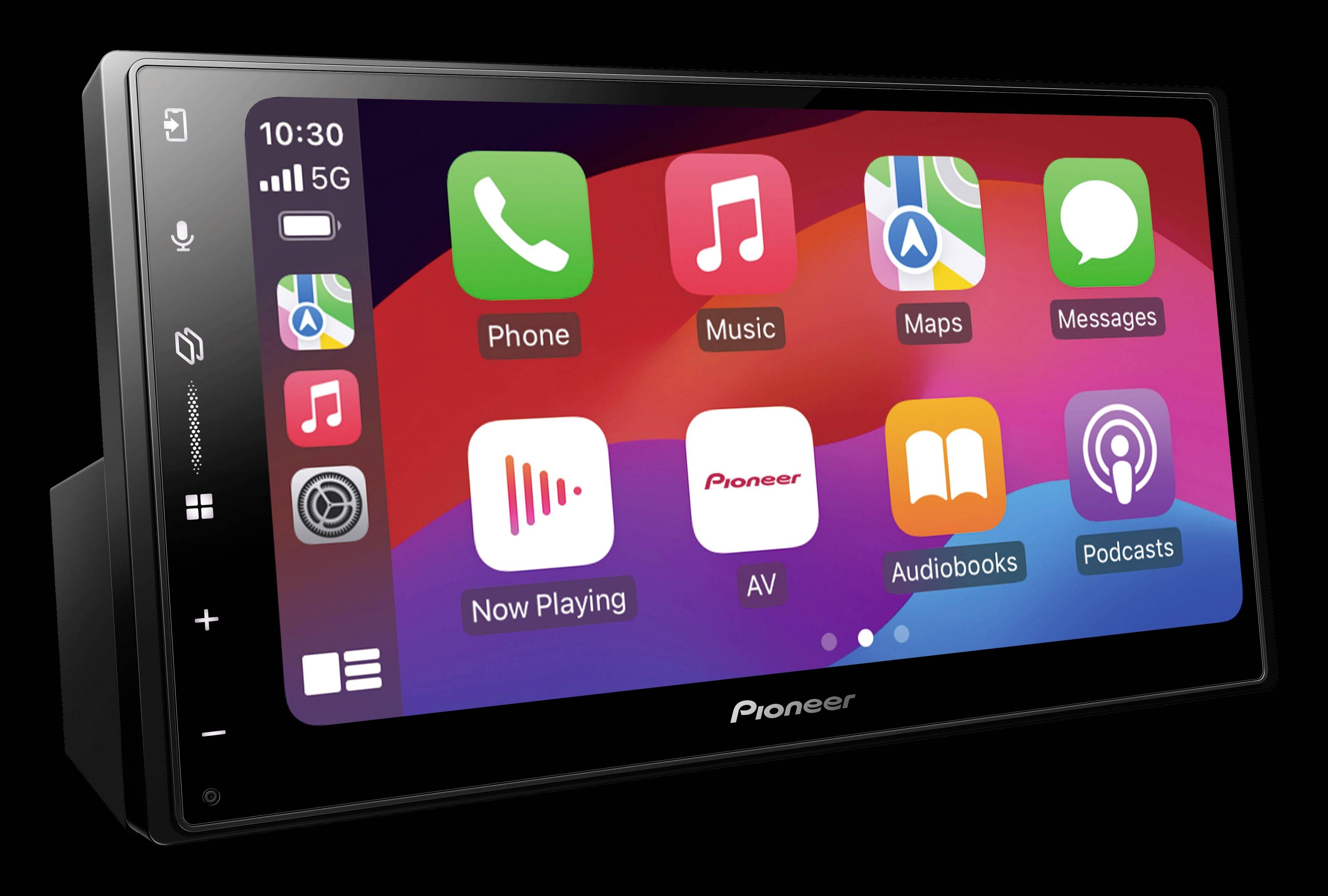 A modern car radio display shows various app icons, including 'Phone', 'Music', 'Maps', 'Messages' and Podcasts.