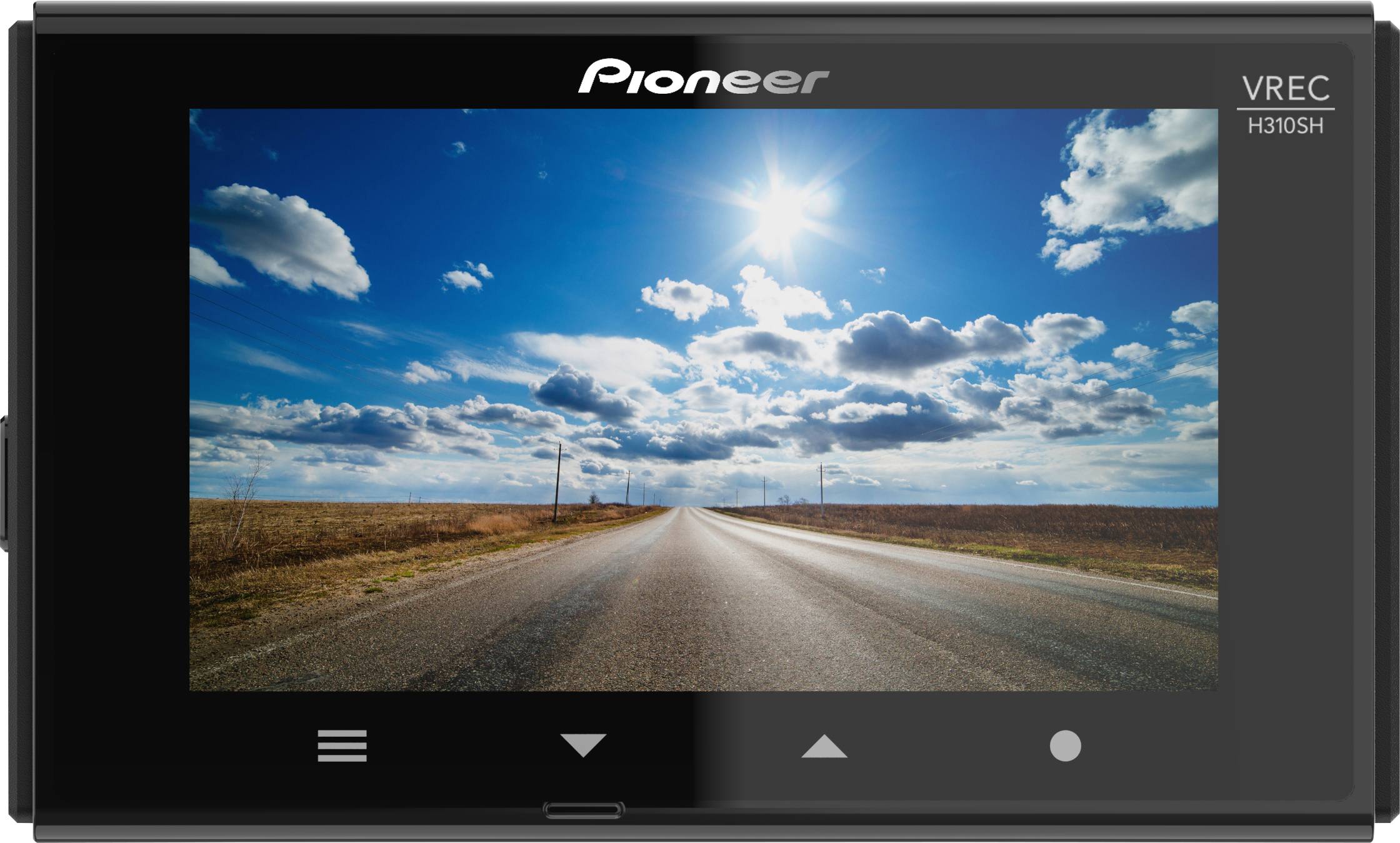 Wide, scenic photograph on a display featuring an endless, empty road beneath a blue sky and sunny weather.