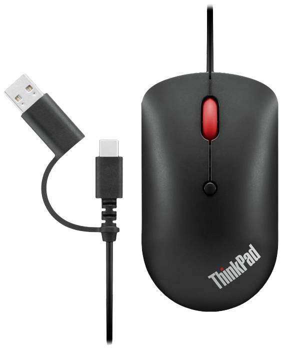 Black computer mouse with red scroll wheel, connected via a USB cable with USB-C adapter.