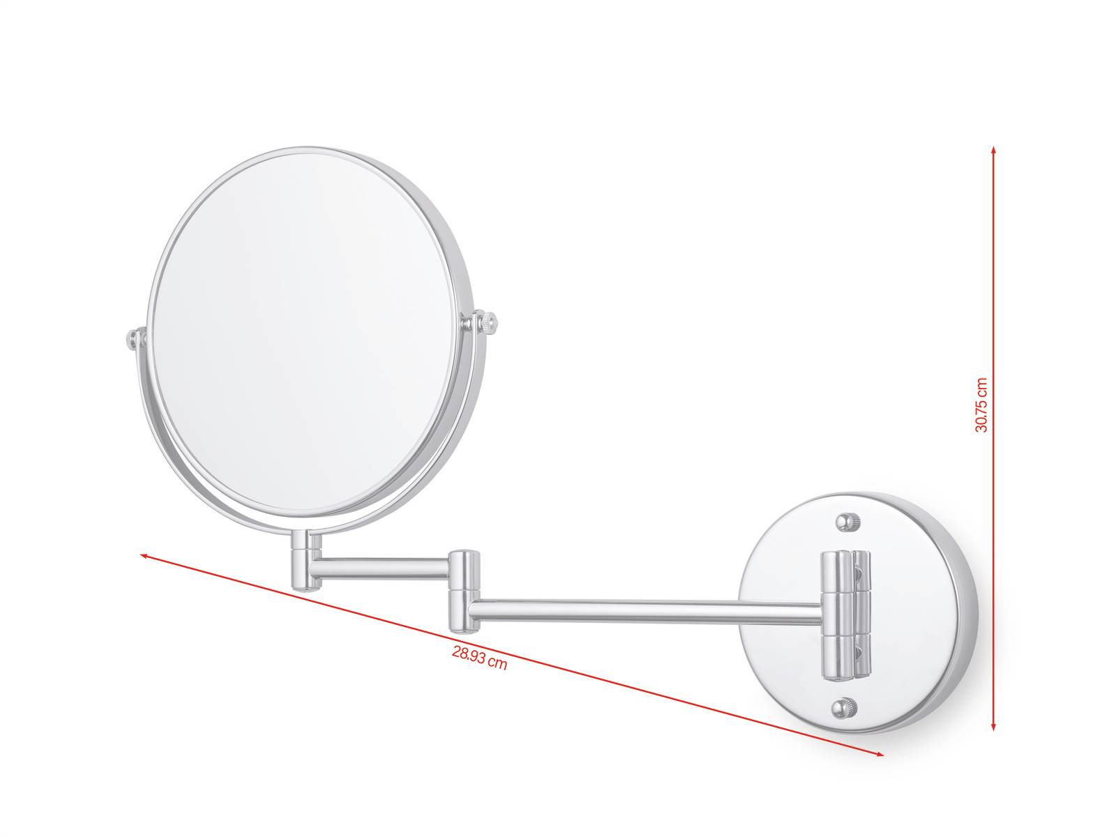 Adjustable round metal wall-mounted make-up mirror, side-adjustable, with arm dimensions of 28.93 cm and length of 30.5 cm.
