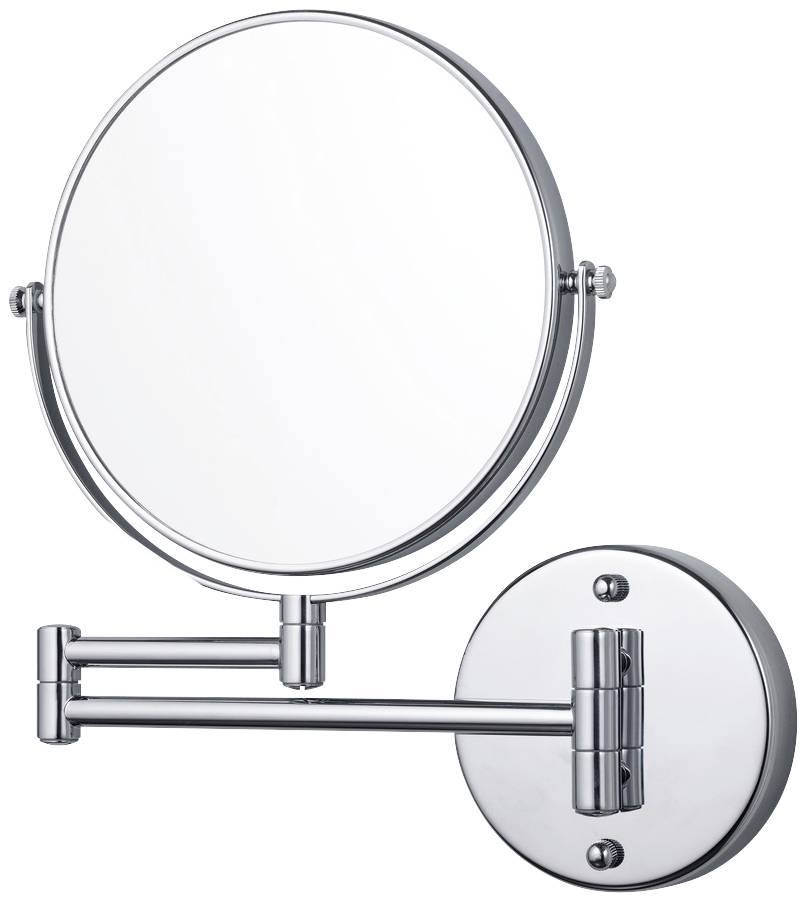 A round, wall-mounted, adjustable magnifying mirror with a gleaming metal frame and pivoting arm.