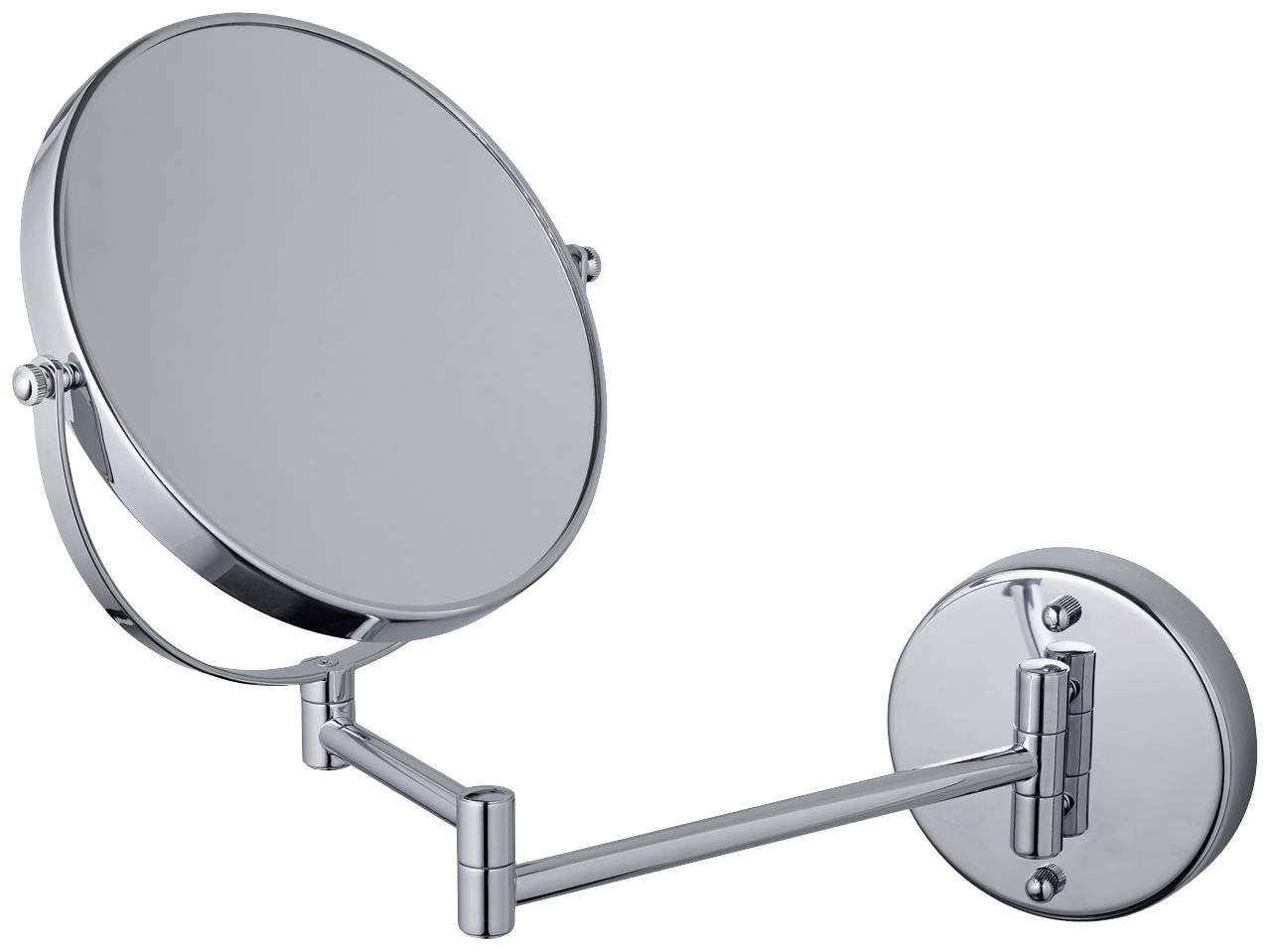 A round, adjustable wall mirror with a chrome-plated frame and articulated arm, suitable for bathrooms or make-up areas.