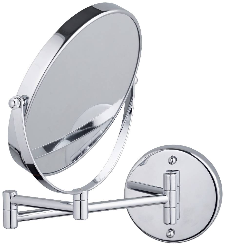 Round, adjustable wall mirror with chrome-plated frame, suitable for close-up viewing. Ideal for bathrooms or cosmetic purposes.