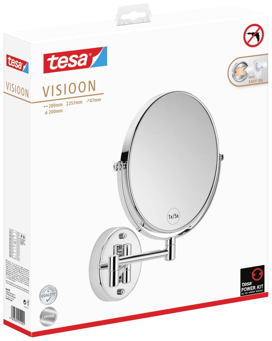 Packaging for an illuminated, adjustable cosmetic mirror with 1x/5x magnification by Tesa. Includes mounting solutions.