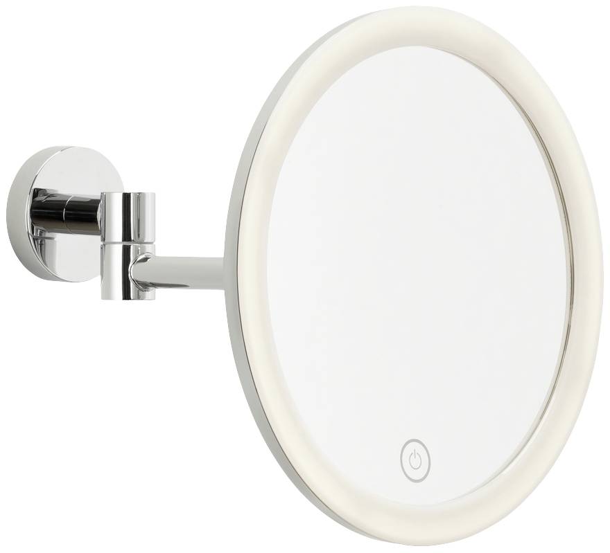 Illuminated round mirror mounted on a wall bracket with touch controls along the bottom edge. Primarily for cosmetic purposes.