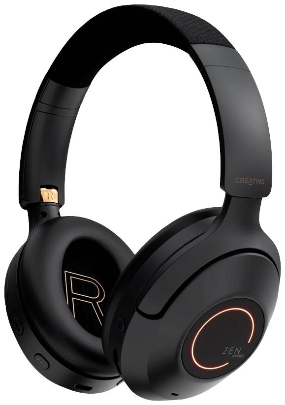 Black wireless headphones with a distinctive orange LED ring on the earpiece, suggesting modern technology and style.
