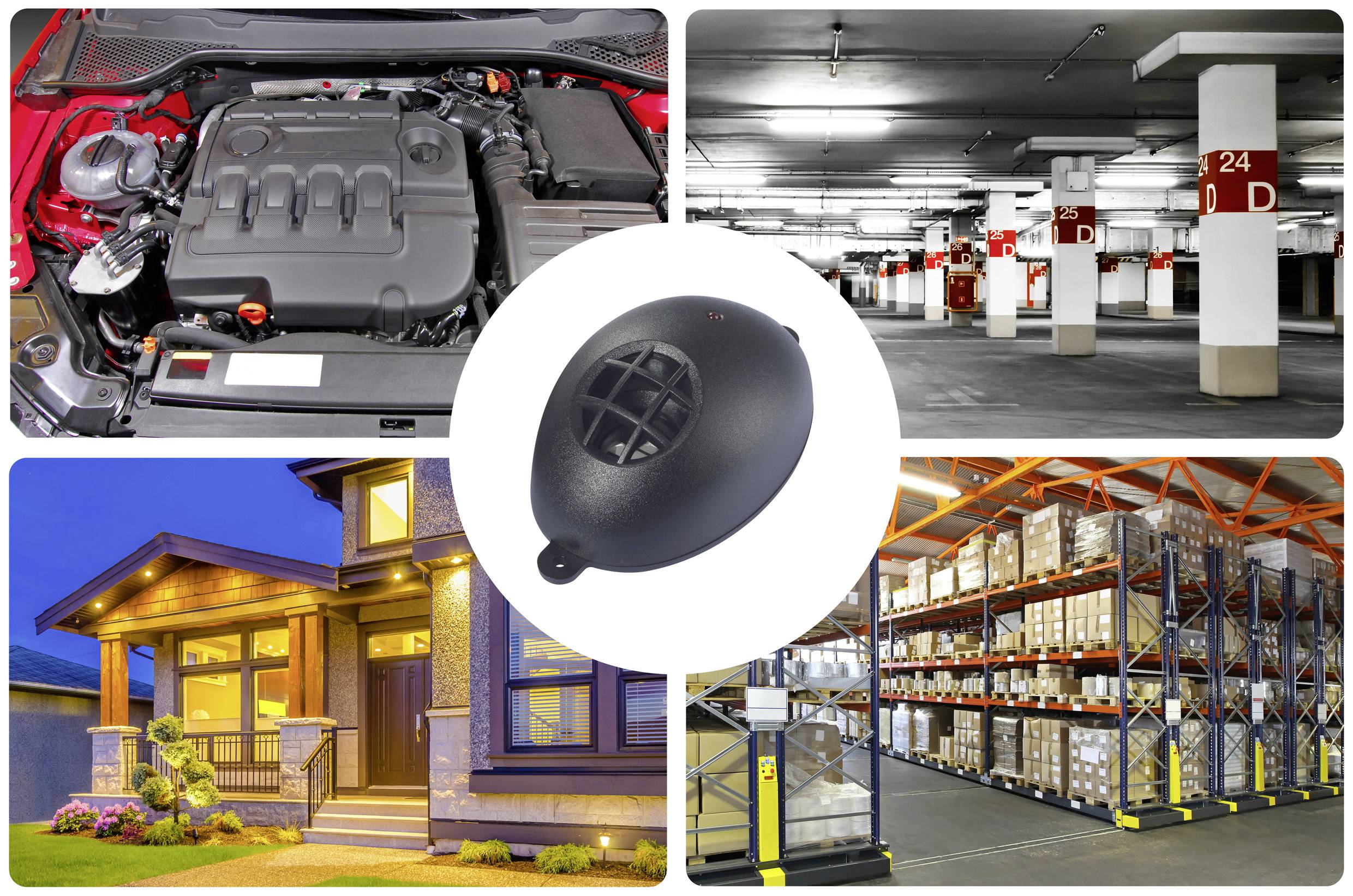 The image shows four scenarios: a car engine, a multi-storey car park, a residential house, and a warehouse with shelves. In the centre is a black sensor.