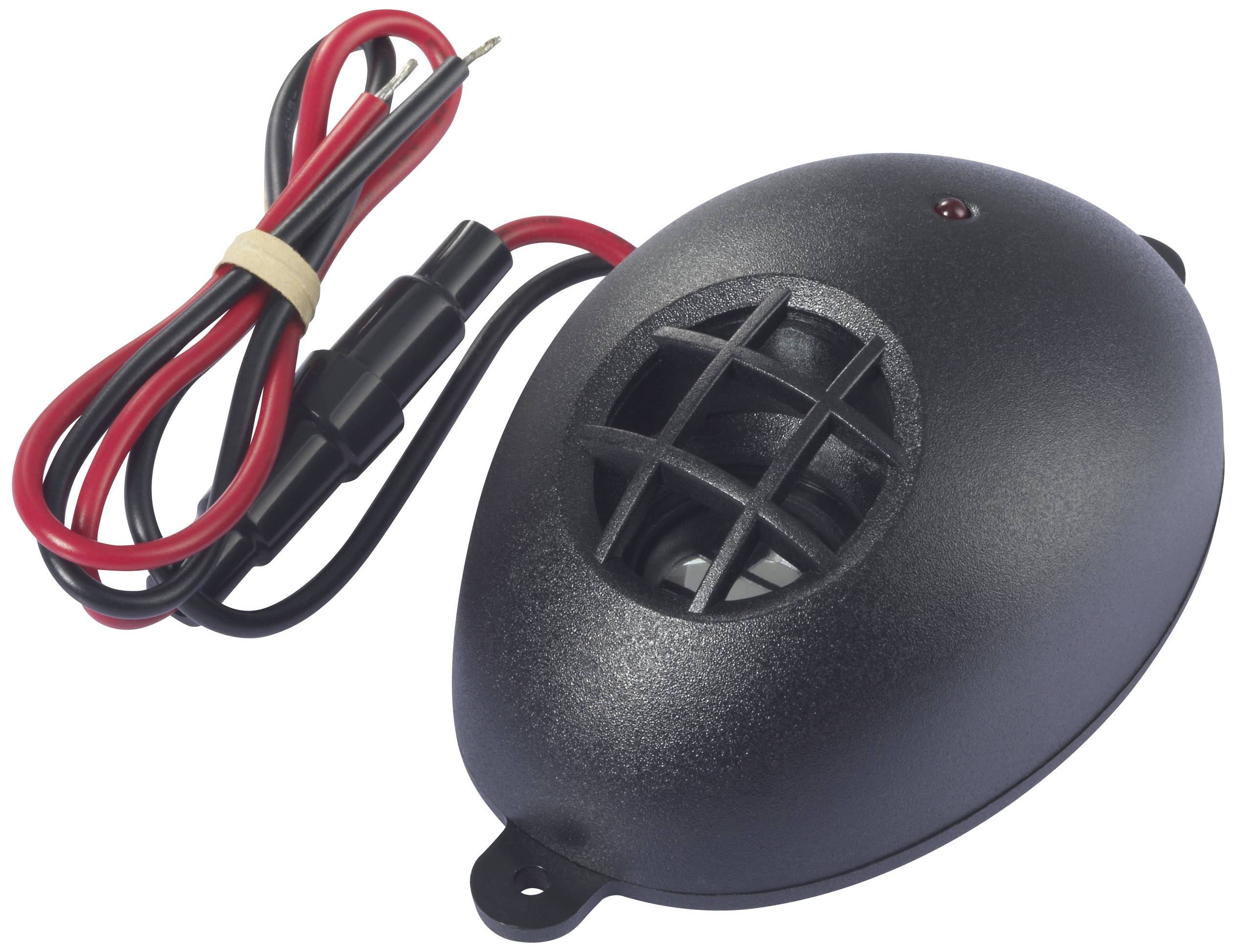 Black speaker with red and black cables, small oval shape, suitable for audio installations.