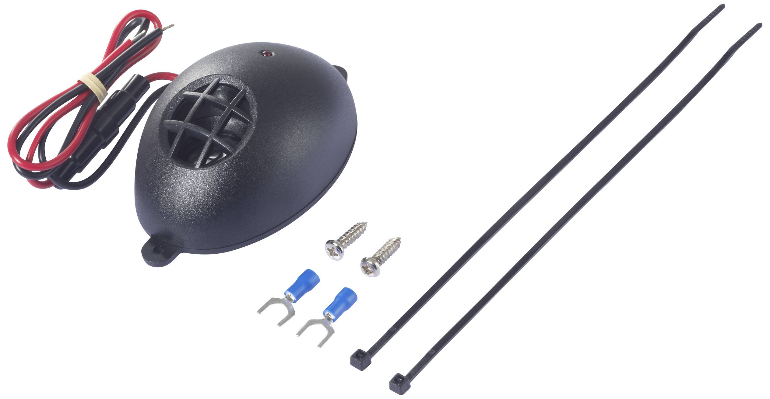 Electronic signal generator with two cable ties, two screws, and two cable lugs. Ideal for alarm systems.