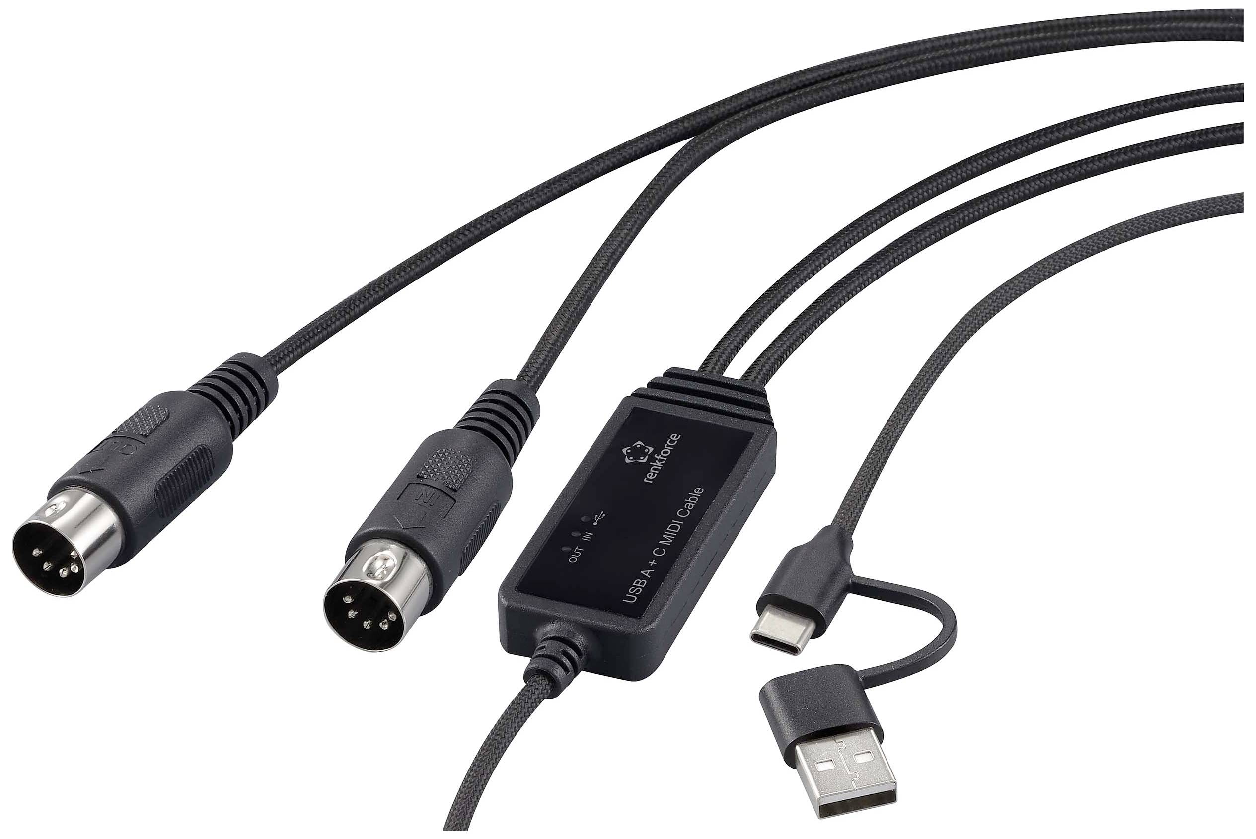 A USB audio interface cable with USB and two XLR connectors for connecting microphones or audio devices to a computer.