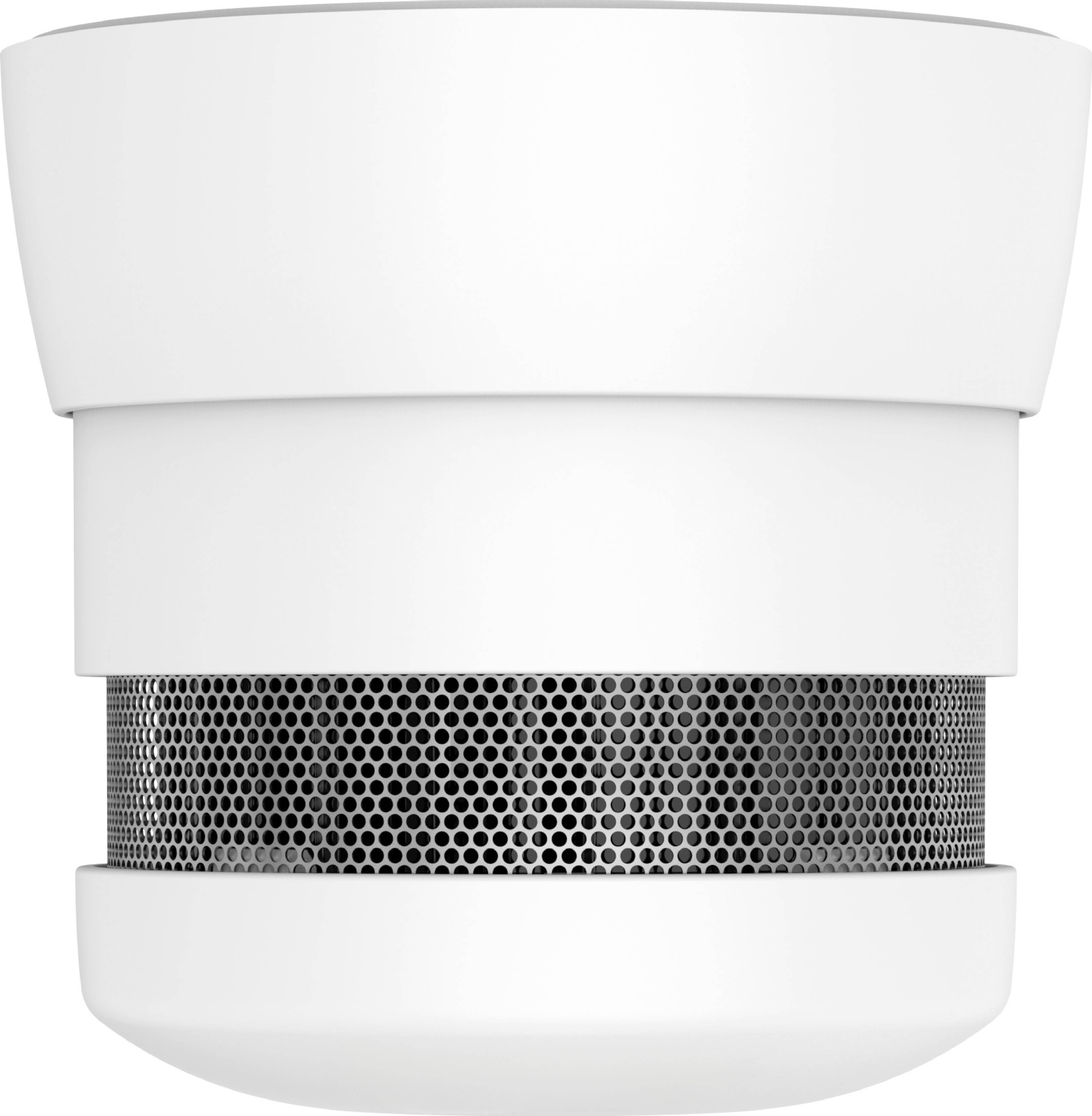 A modern smoke detector with a white casing and a black mesh insert, suitable for detecting smoke in indoor environments.