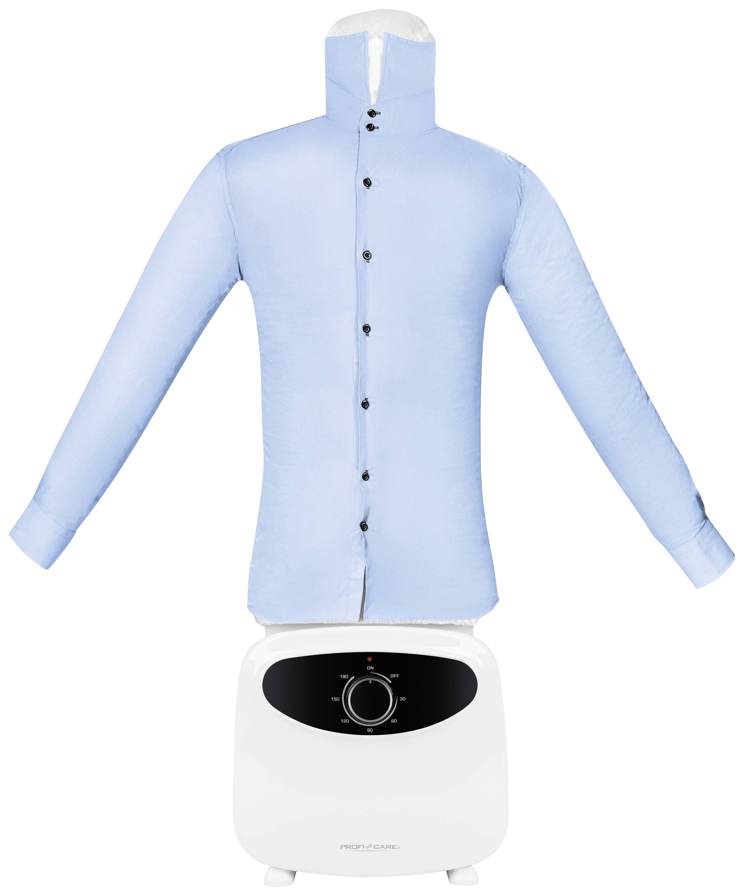 A blue shirt attachment on an electric tumble dryer that inflates and smooths the shirt.