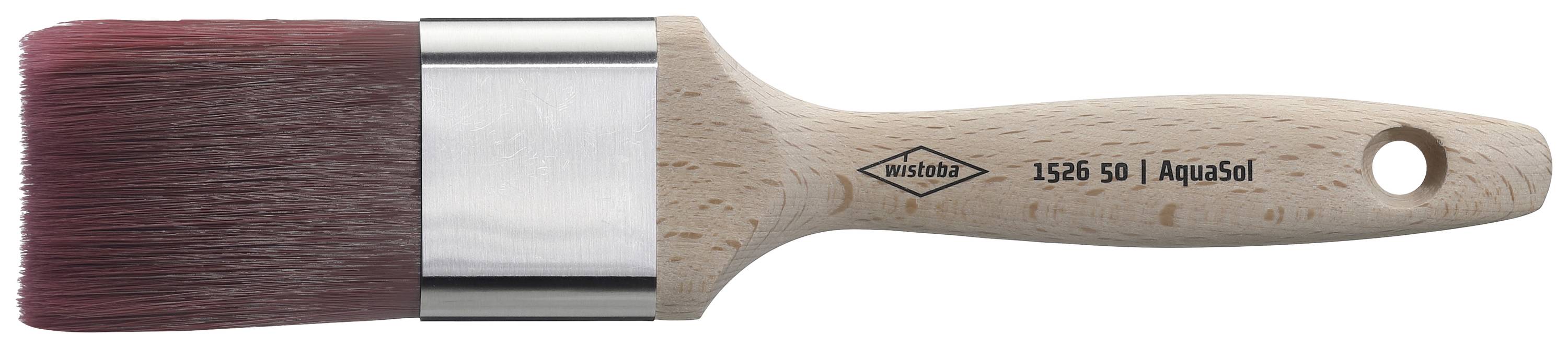 Flat paintbrush with wooden handle, bristles dyed red. Handle is printed with 'wisibor, 1526 50, AquaSol'. Ideal for even paint application.