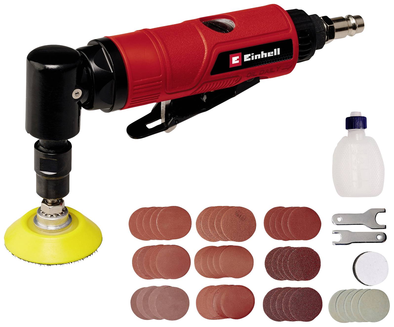 Einhell pneumatic angle grinder with accompanying accessory set, including grinding discs in various grits and tools.