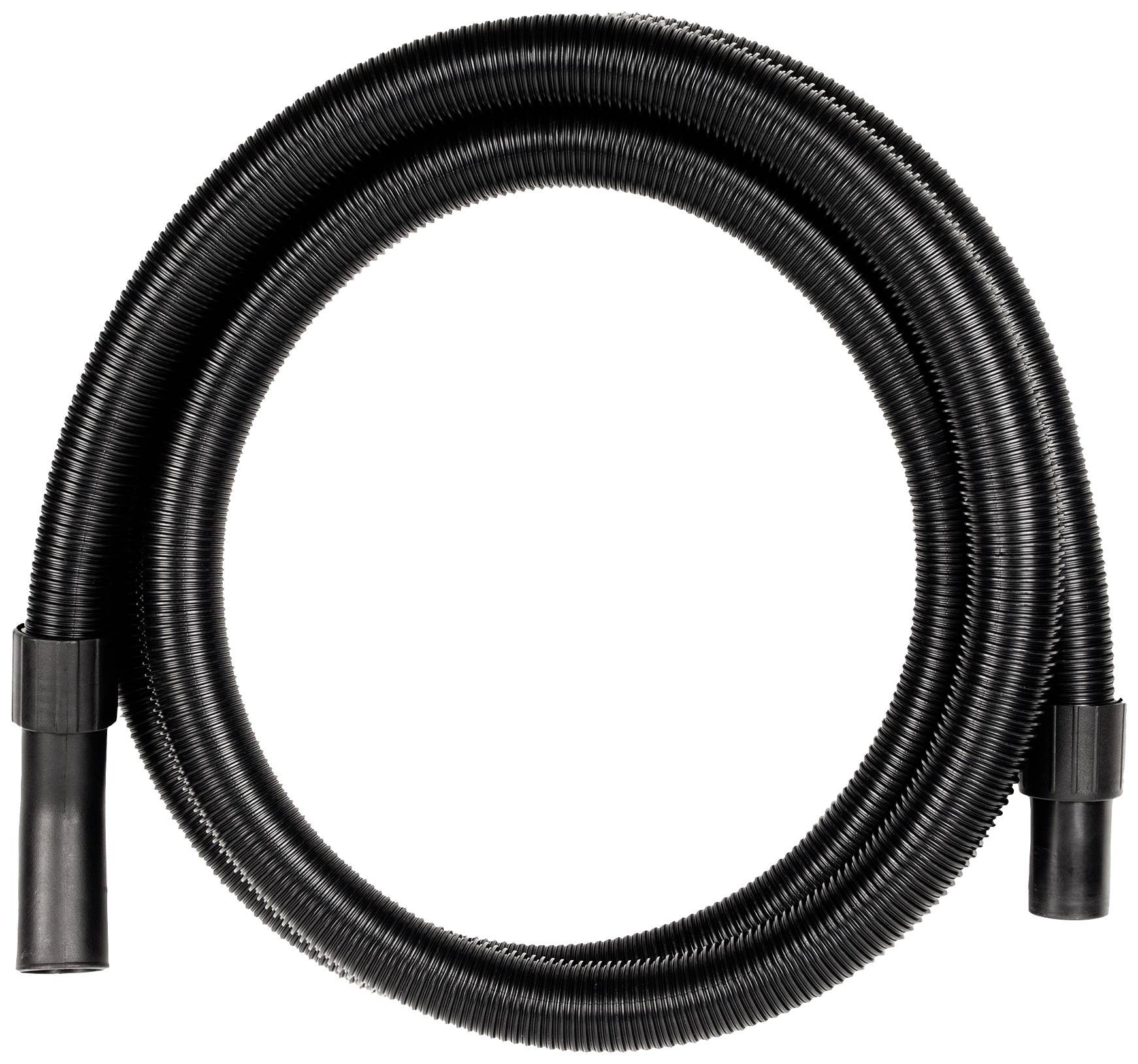 Black, flexible hose, shaped in a circle, on a white background. Suitable for vacuum cleaners or similar devices.