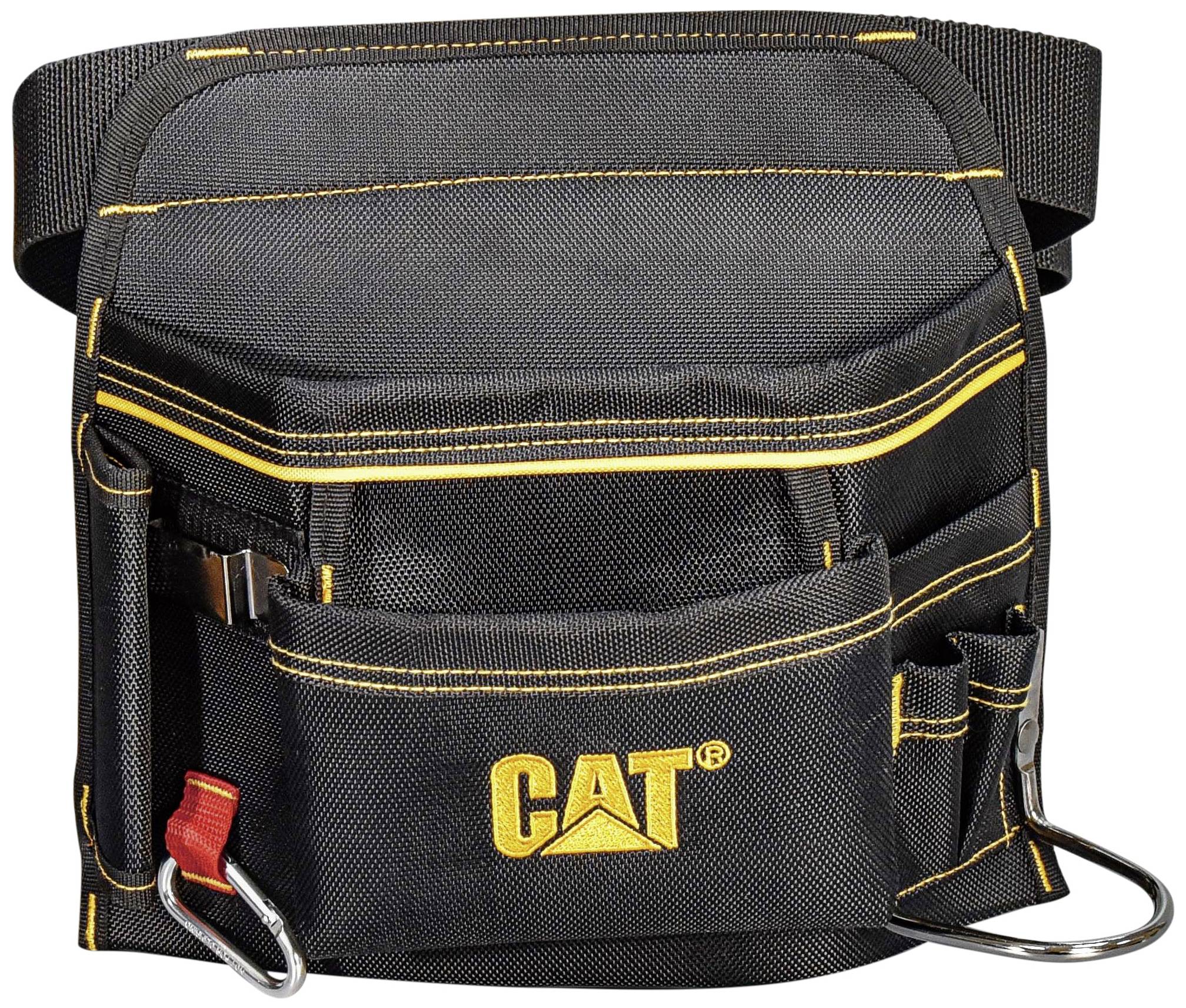 Black tool bag with yellow CAT logo, multiple compartments, metal hooks, and an adjustable belt.