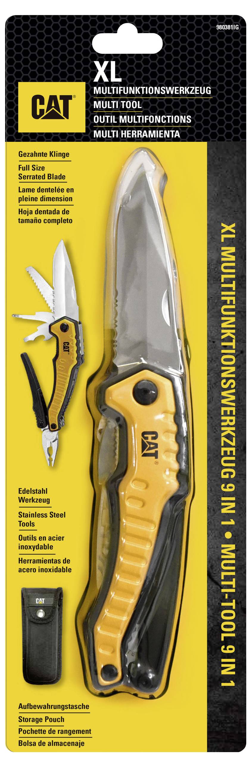 'Multi-tool with yellow handle and multiple blades.' Packaging with vertical text 'XL MULTI-TOOL 9 IN 1 - MULTI TOOL L WL9'.