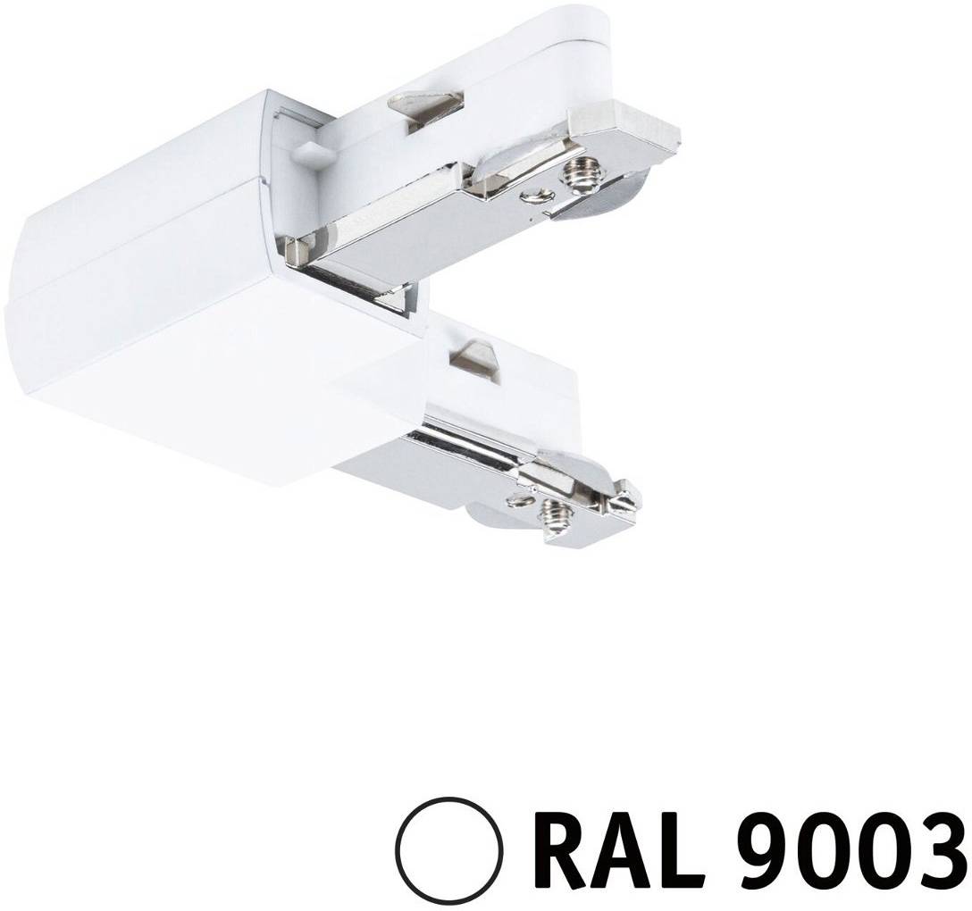 White electrical adapter for rail systems, stops in the middle. Colour specification: RAL 9003.