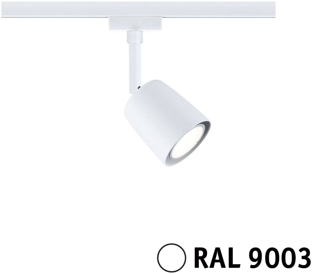 A white ceiling spotlight, mounted on a track, with the designation 'RAL 9003'.