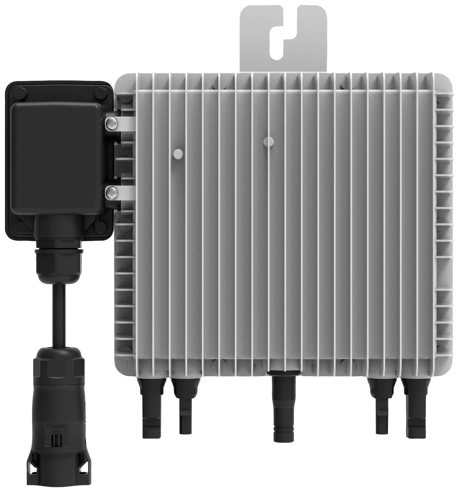 A grey electrical device with cooling fins, to which several cables and connectors are attached, is hanging from a metallic mounting bracket.