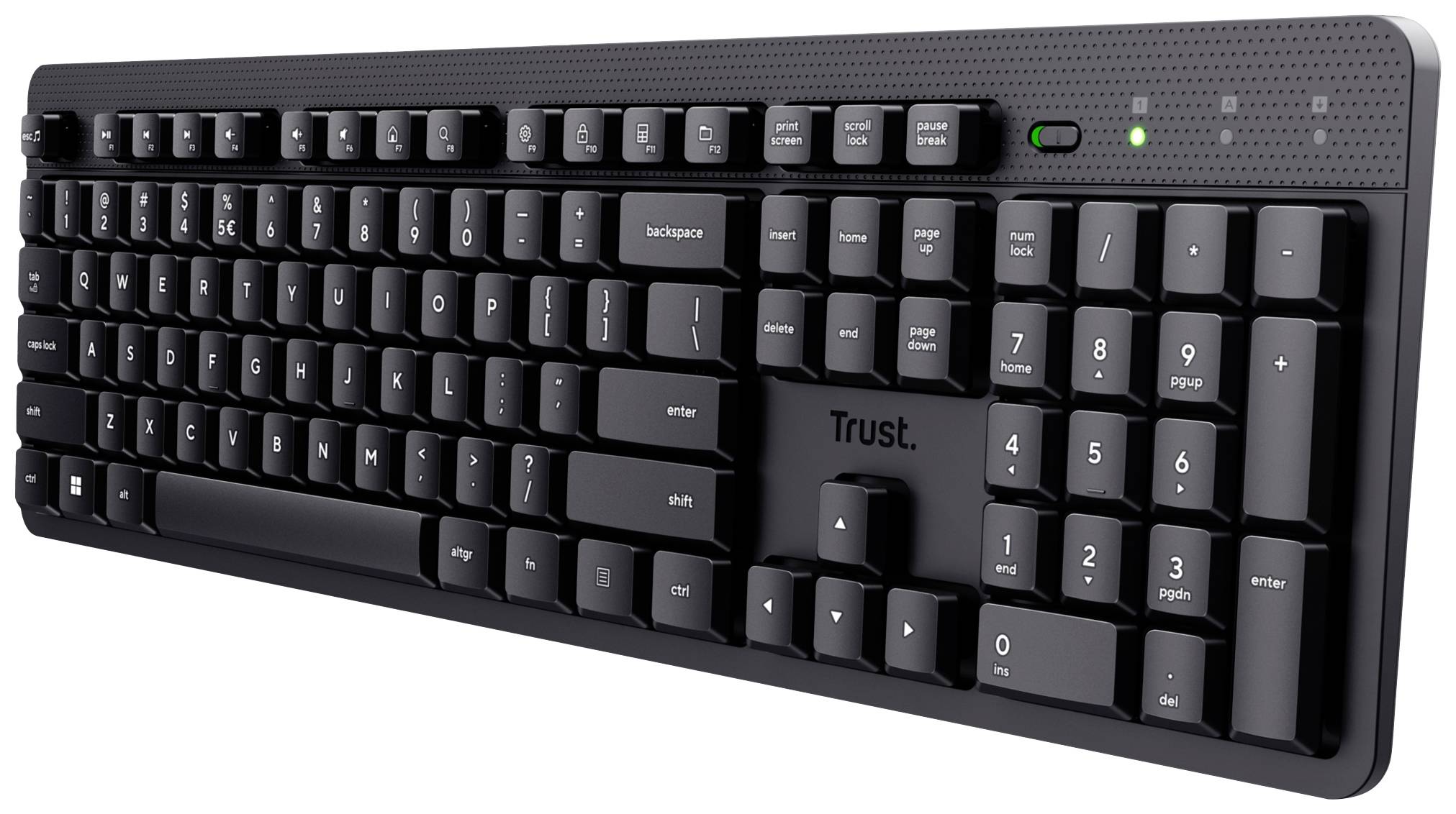 A black, wired Trust keyboard with a number pad and standard layout. Ideal for office work.
