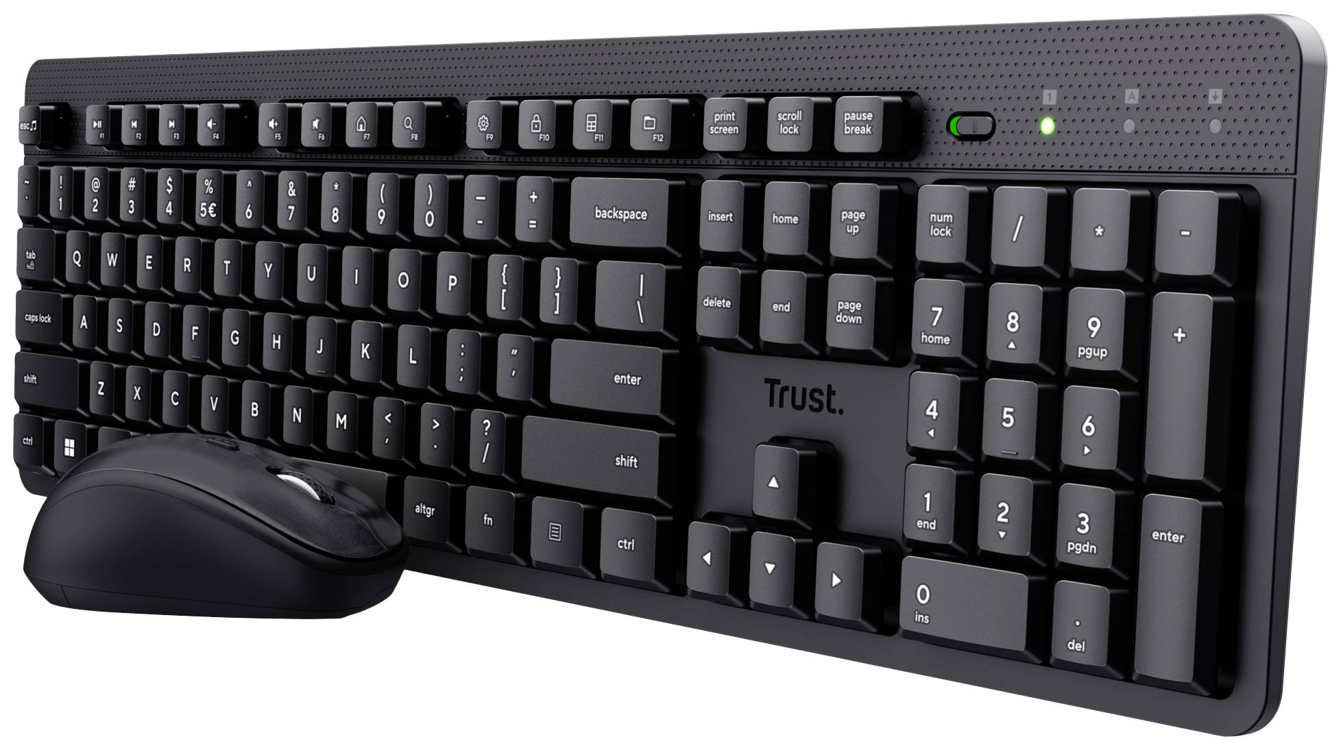 Black wireless keyboard and mouse set on white background. The keyboard has a full layout with numerical keypad.