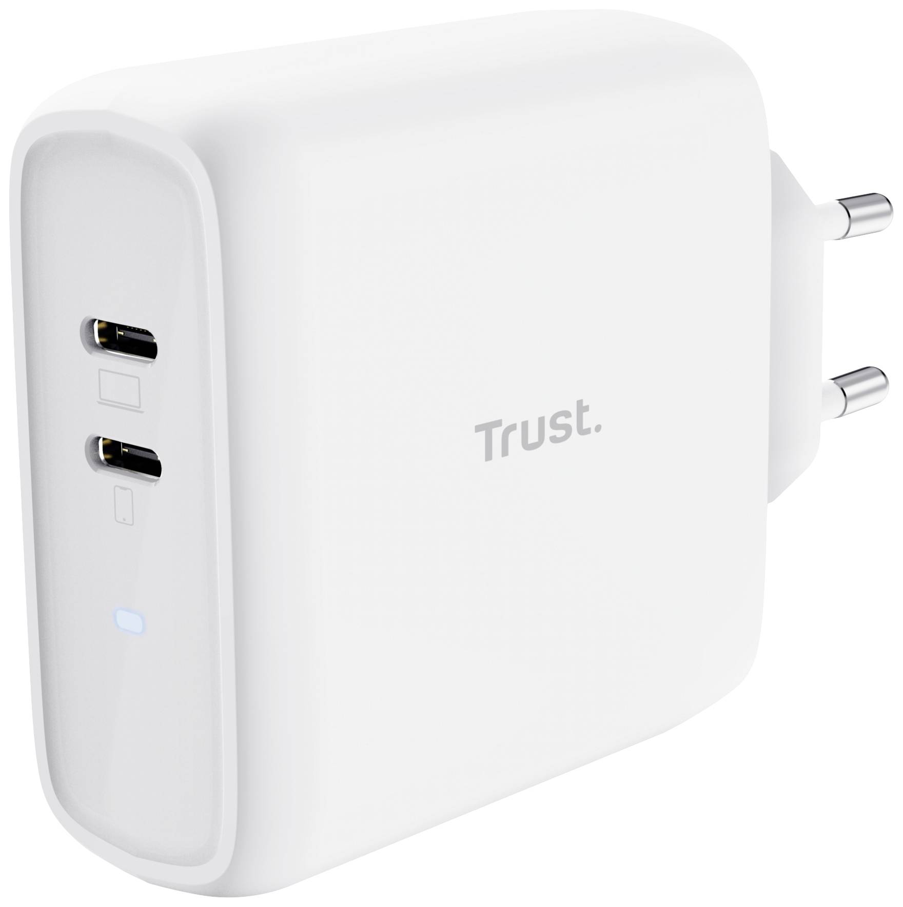 A white USB charger with two ports and a blue status light, from the Trust brand. Plug suitable for European power sockets.