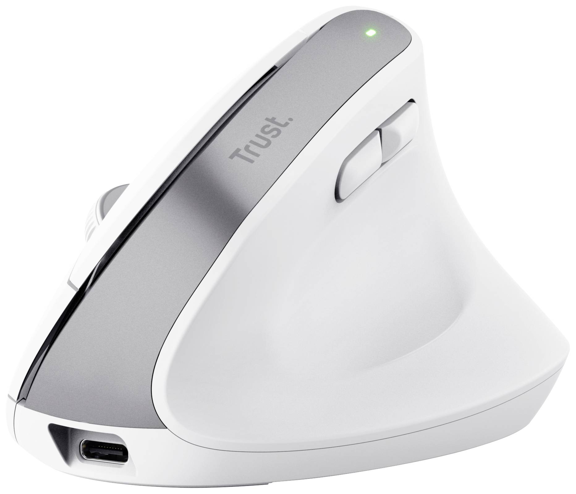 Vertical ergonomic mouse in white and grey with two buttons and a scroll wheel. It features a subtle green light on the top surface.