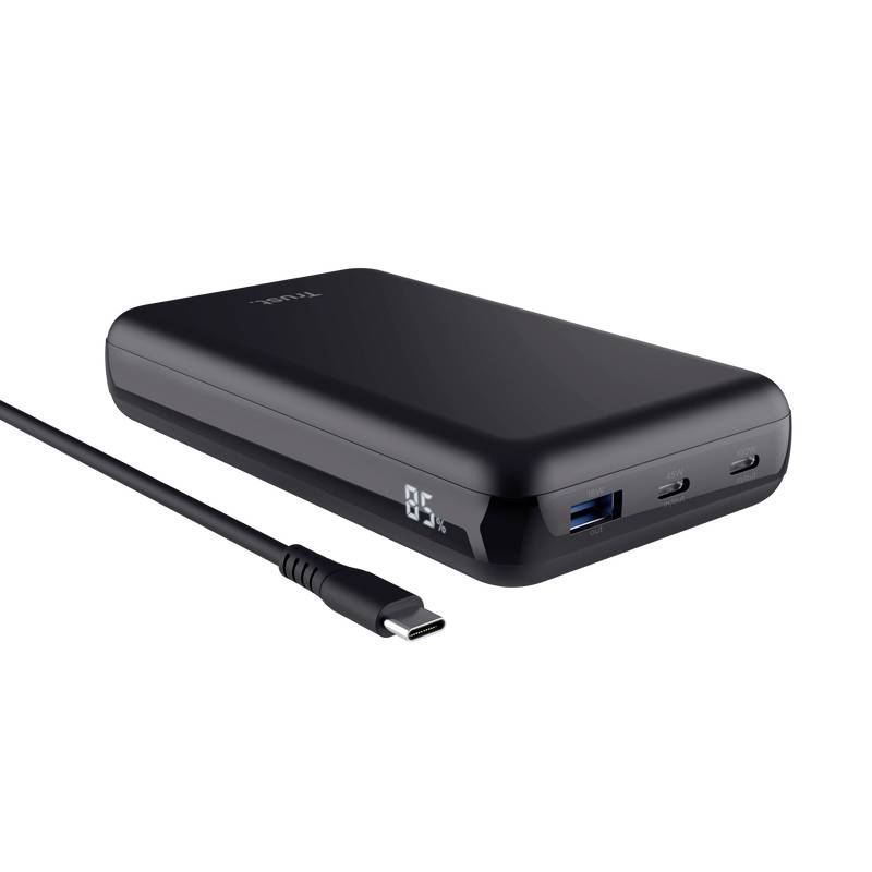 A black power bank with a USB cable. It features a digital display showing '85%' and three ports.