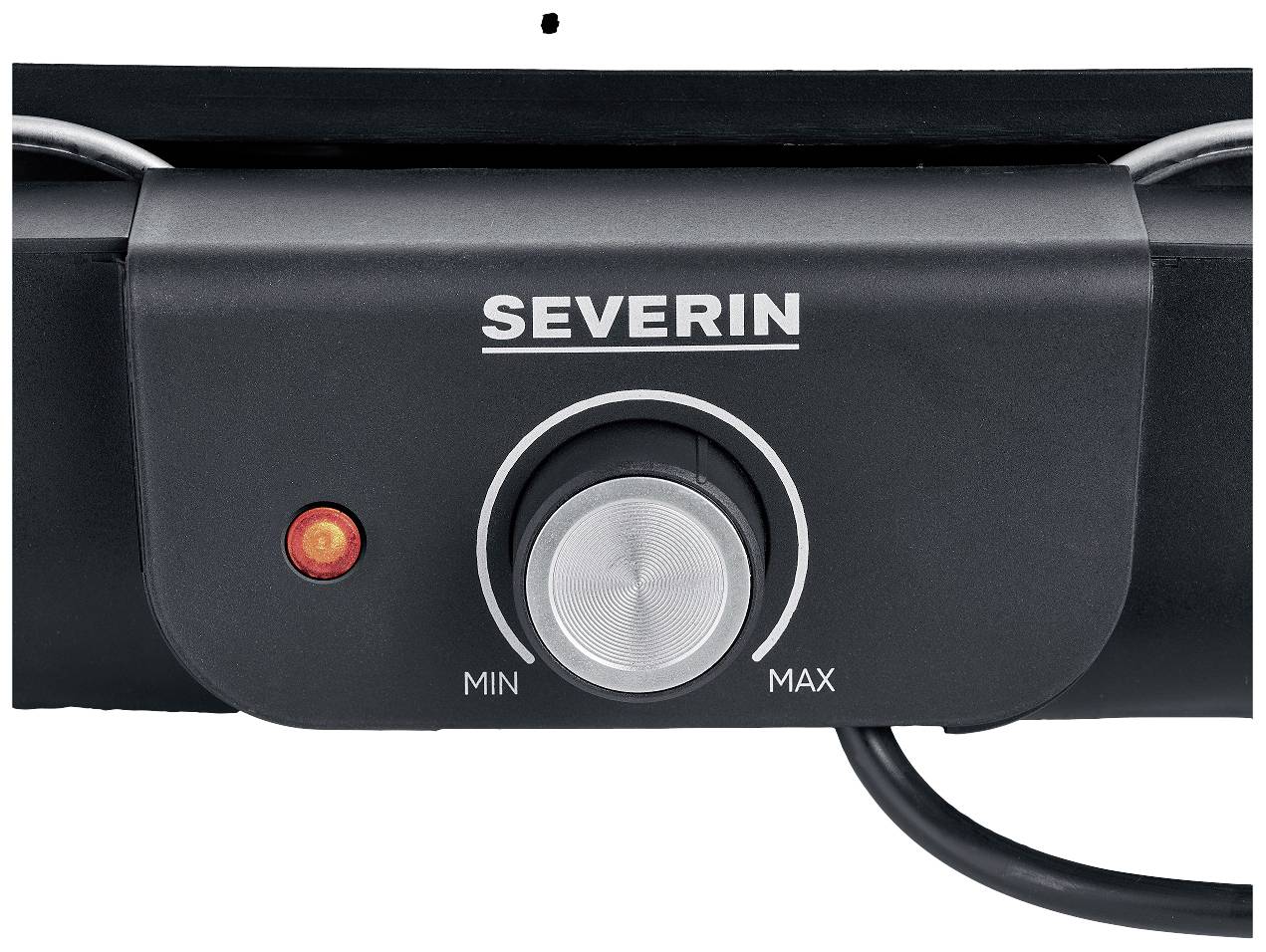 Electric barbecue temperature controller by Severin with red indicator light and adjustment knob ranging from 'Min' to 'Max'.